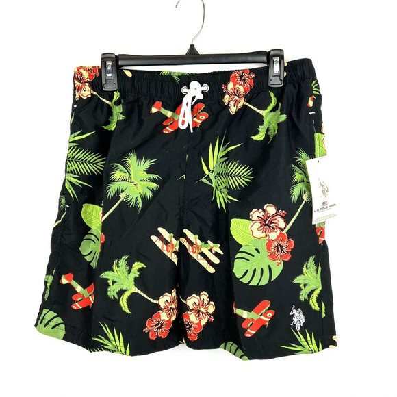 US Polo Assn Men’s Black Green Floral Lined Swim Shorts Size Large